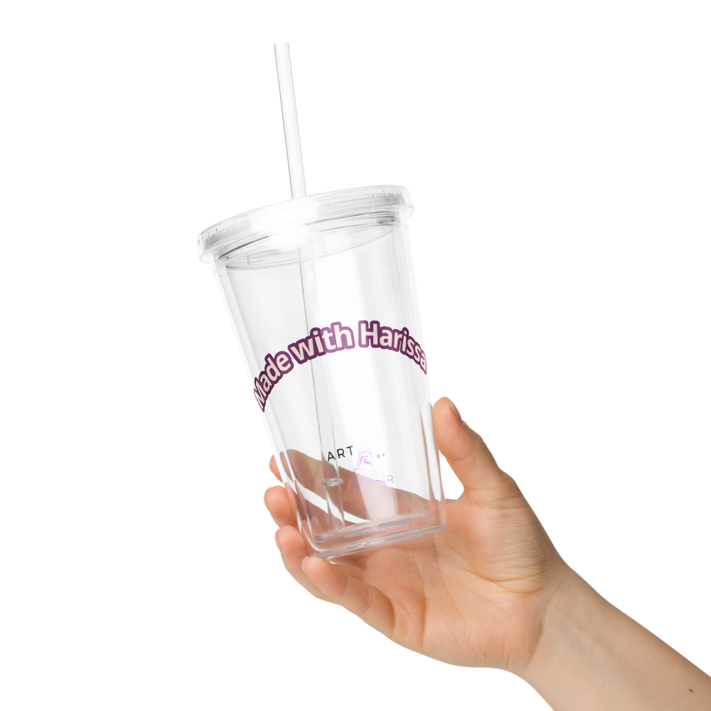 Clear plastic tumbler: Made with Harrisa