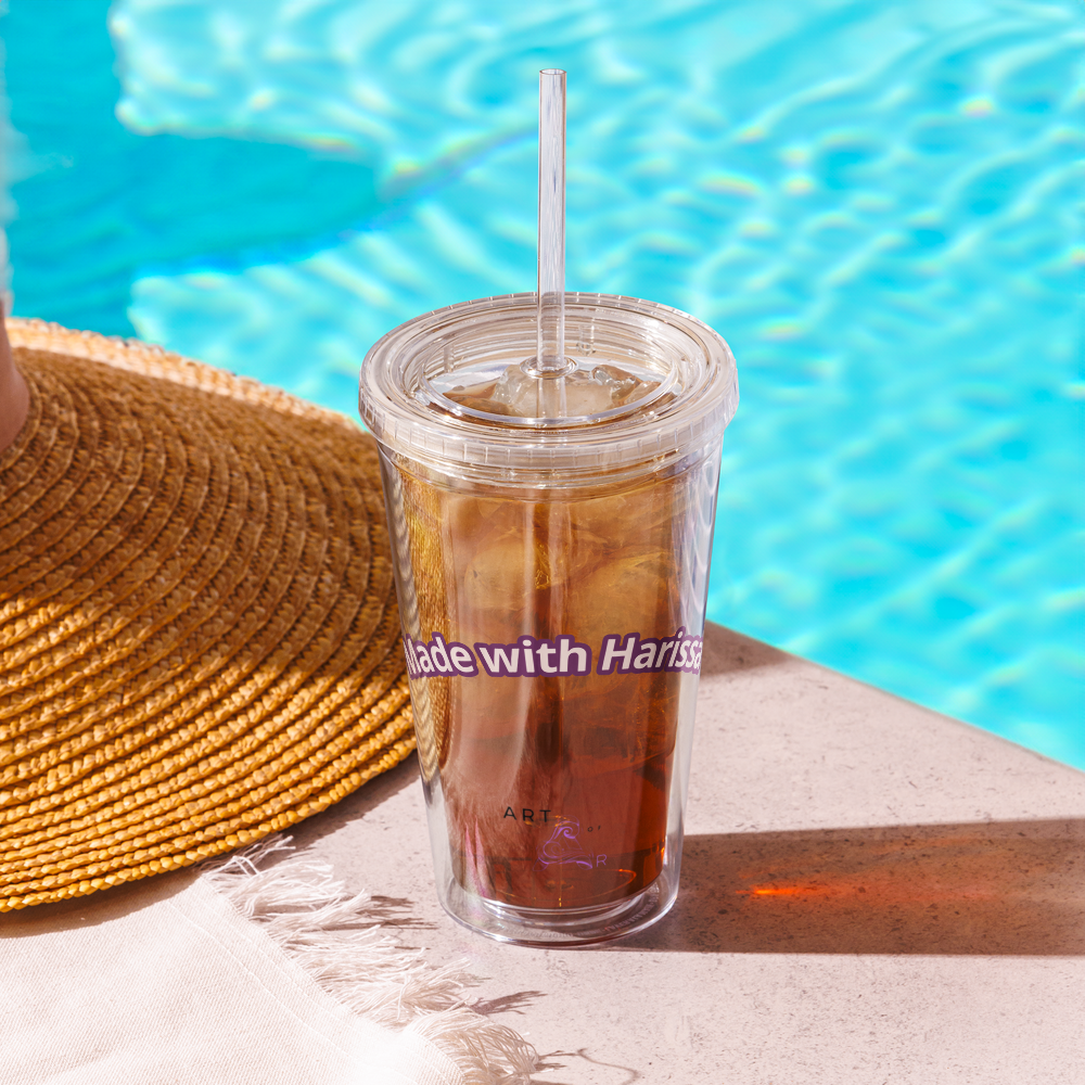 Clear plastic tumbler: Made with Harrisa