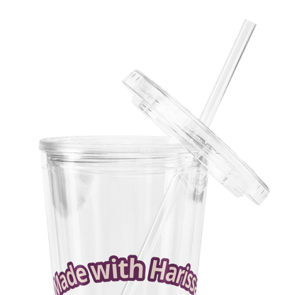 Clear plastic tumbler: Made with Harrisa